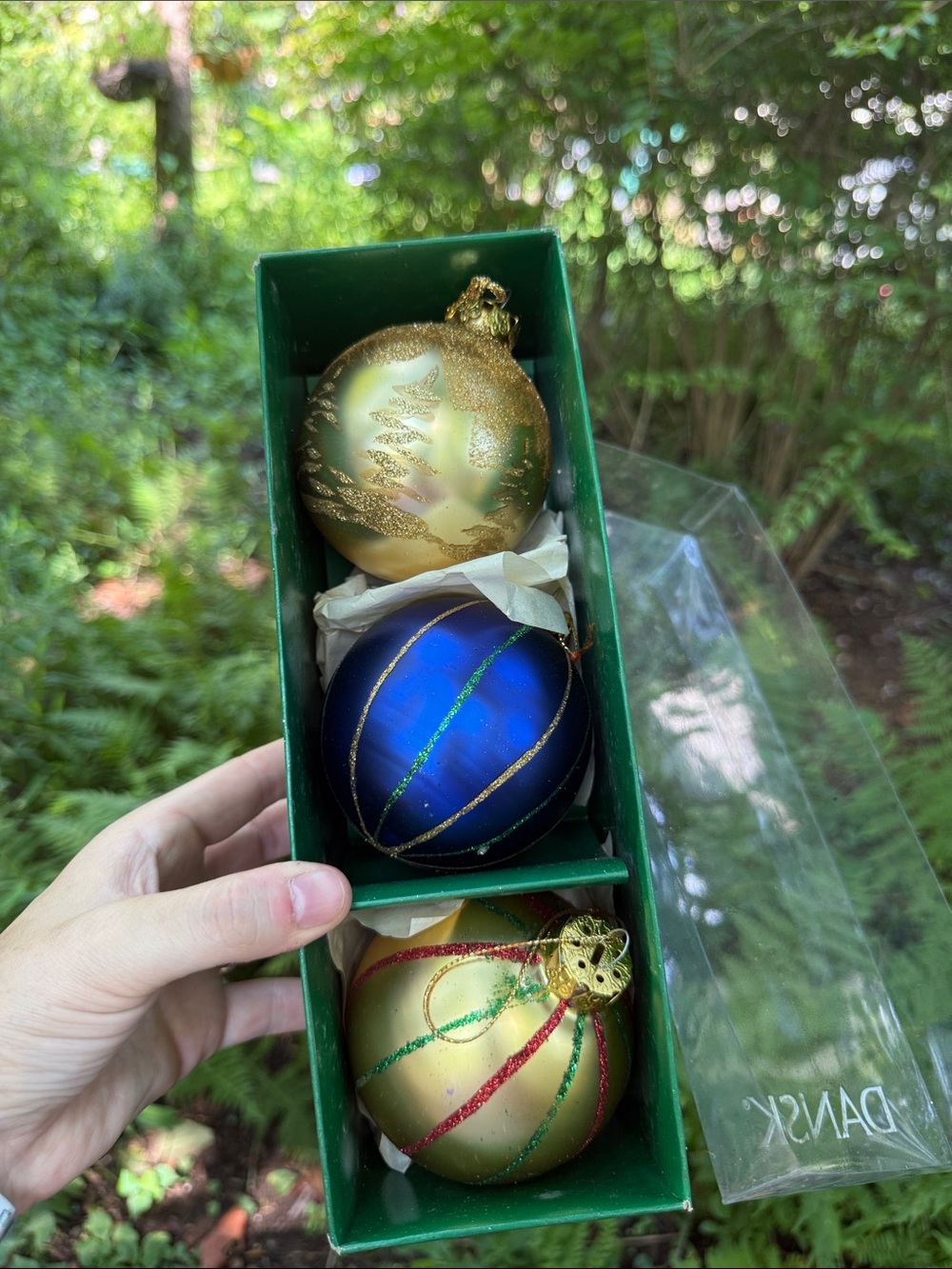 Dansk Gold, Blue and Green Glass Holiday Ornament Trio